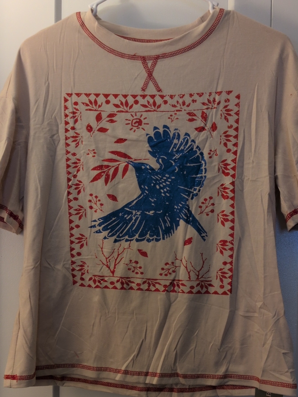 Tan  Graphic Tee with Blue Bird and Red Floral Print